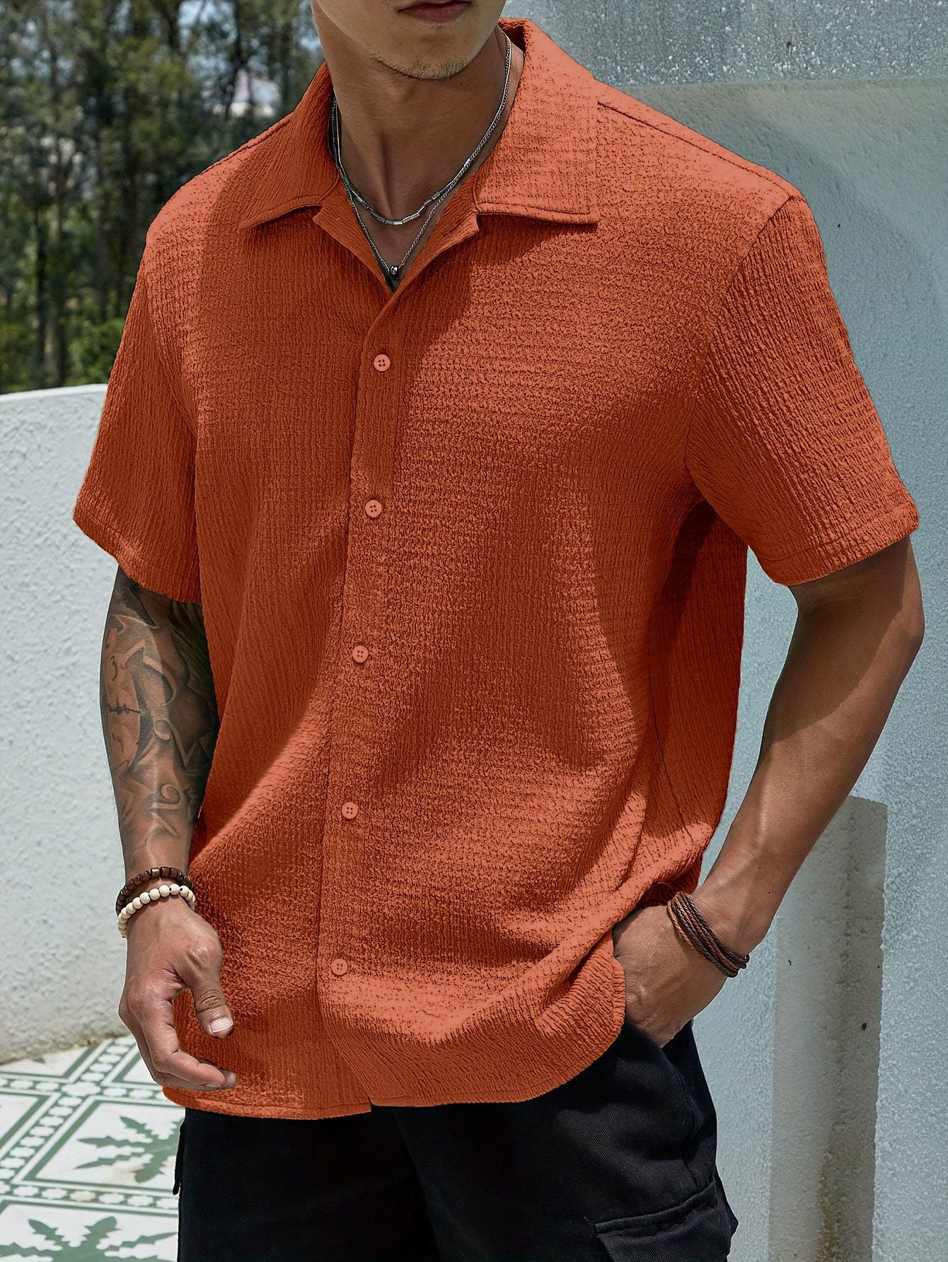 Men's Textured Button Front Neckline Shirt
