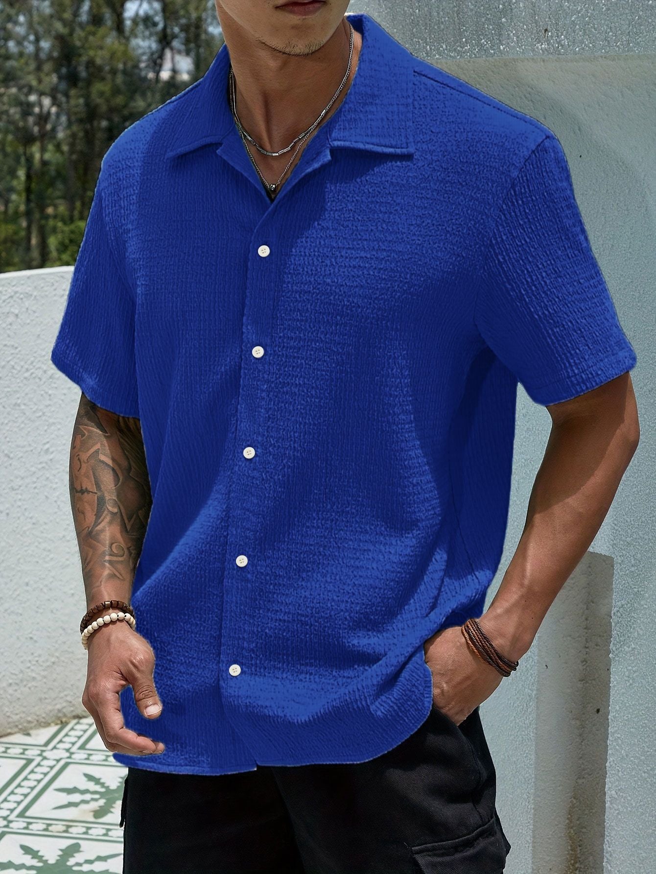 Men's Textured Button Front Neckline Shirt
