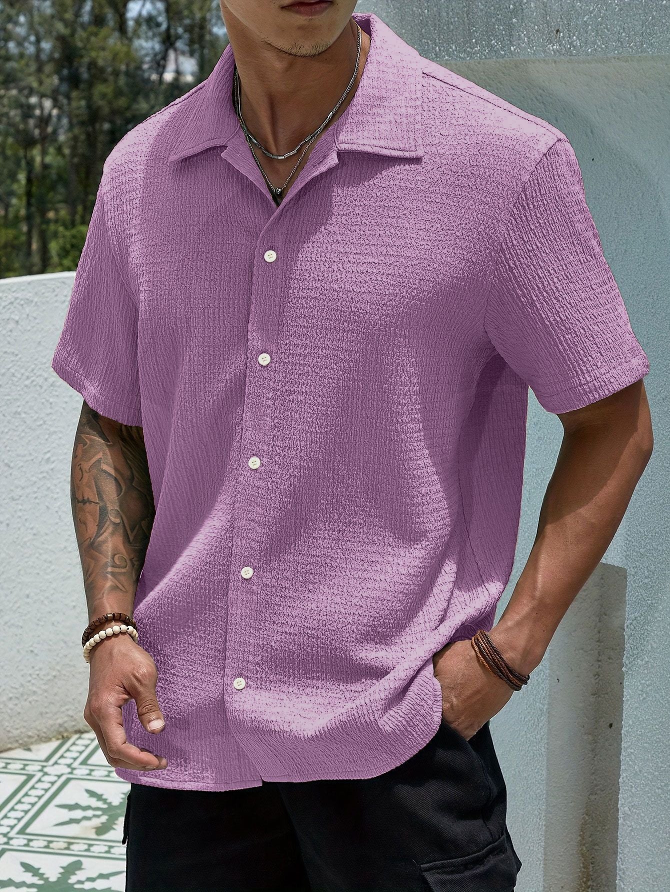 Men's Textured Button Front Neckline Shirt