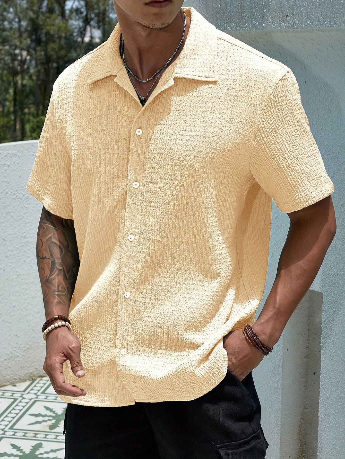 Men's Textured Button Front Neckline Shirt