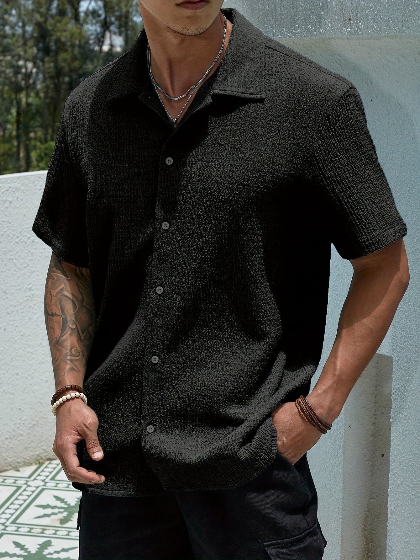 Men's Textured Button Front Neckline Shirt