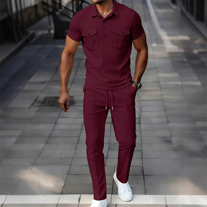 Men's Waffle Textured Polo & Pants Set