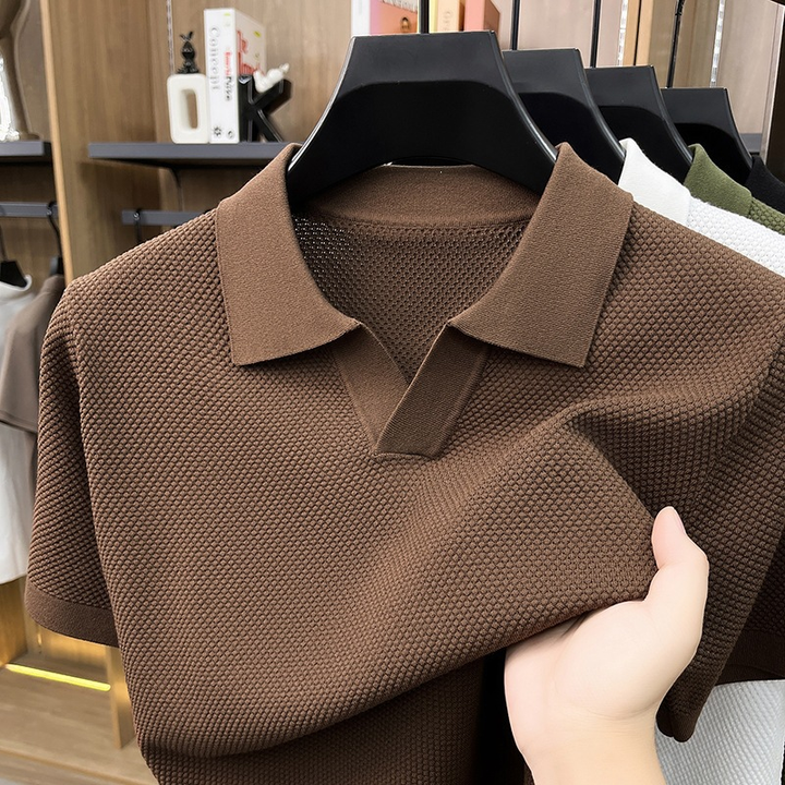 Textured V-Neck Knit Polo Shirt