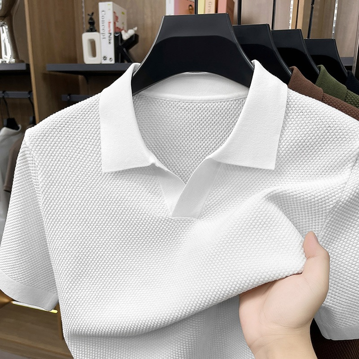Textured V-Neck Knit Polo Shirt