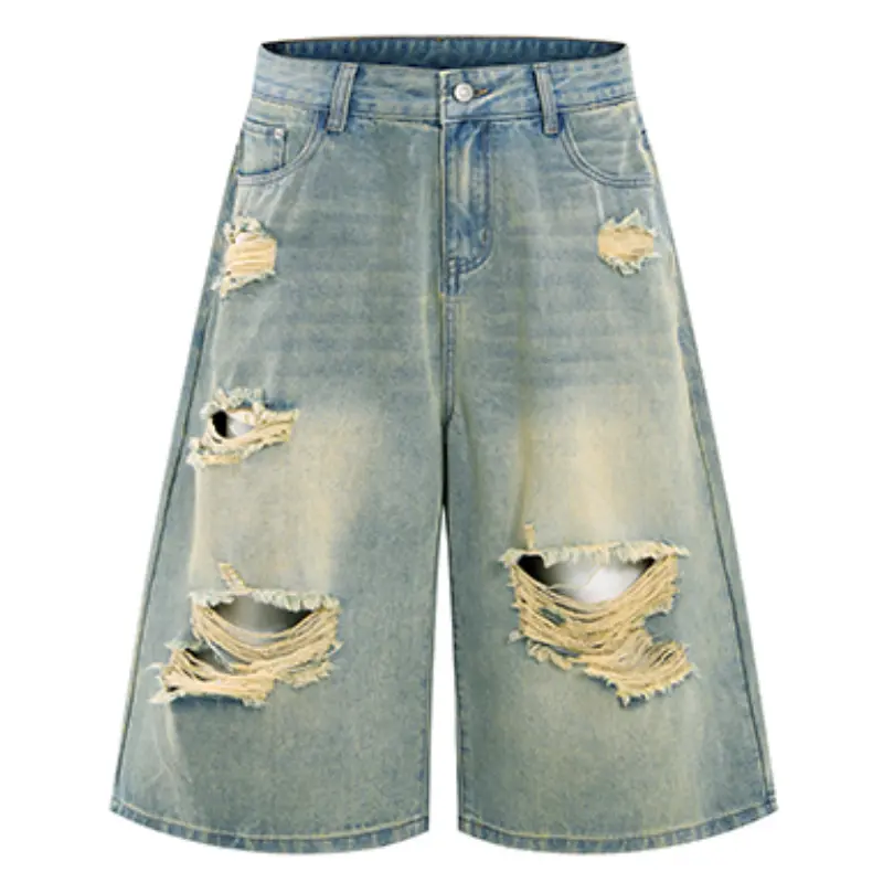 Distressed Loose-Fit Denim Capri Shorts