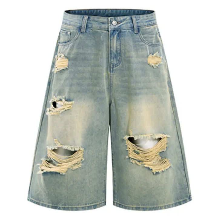 Distressed Loose-Fit Denim Capri Shorts