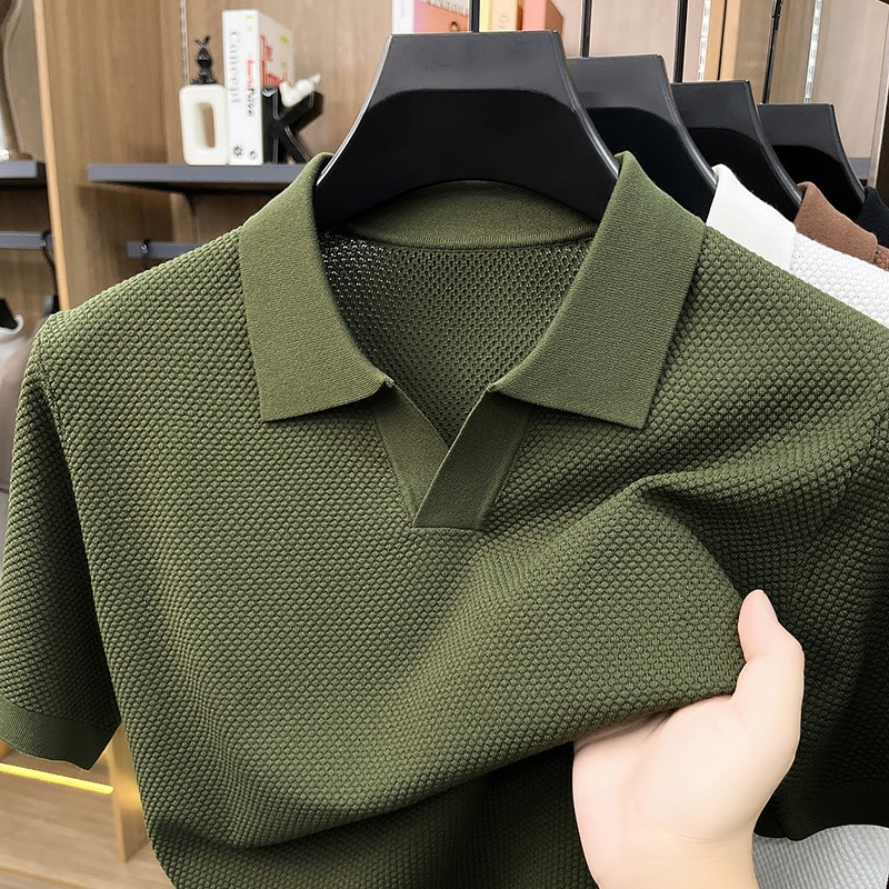 Textured V-Neck Knit Polo Shirt