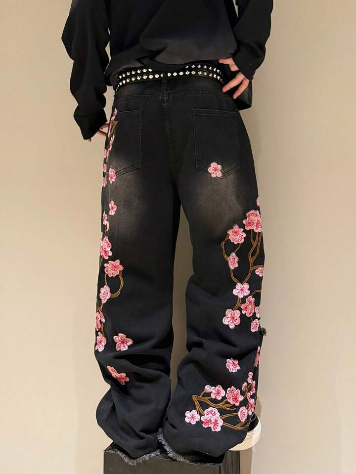 Cherry Blossom Embroidered Baggy Jeans