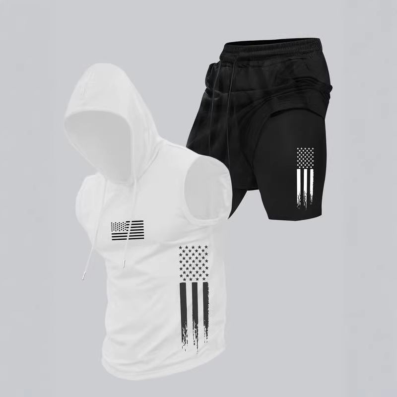 Men's Flag Print Hooded Workout Set