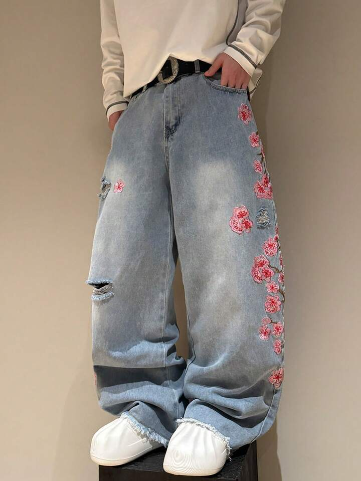 Cherry Blossom Embroidered Baggy Jeans