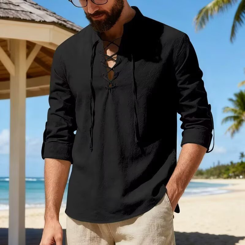 Men's Lace-Up Linen Casual Shirt