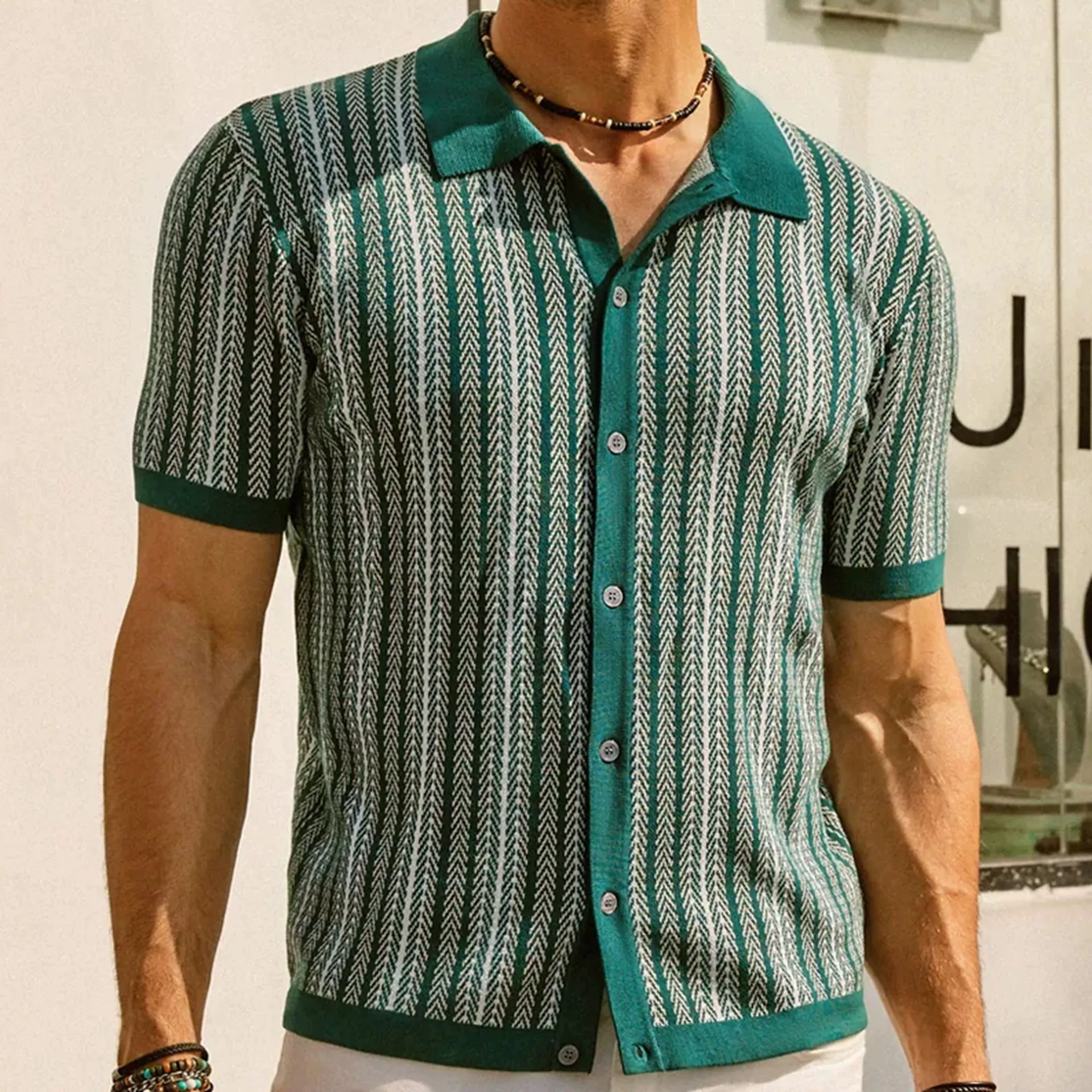 Men's Retro Short Sleeve Button Sweater