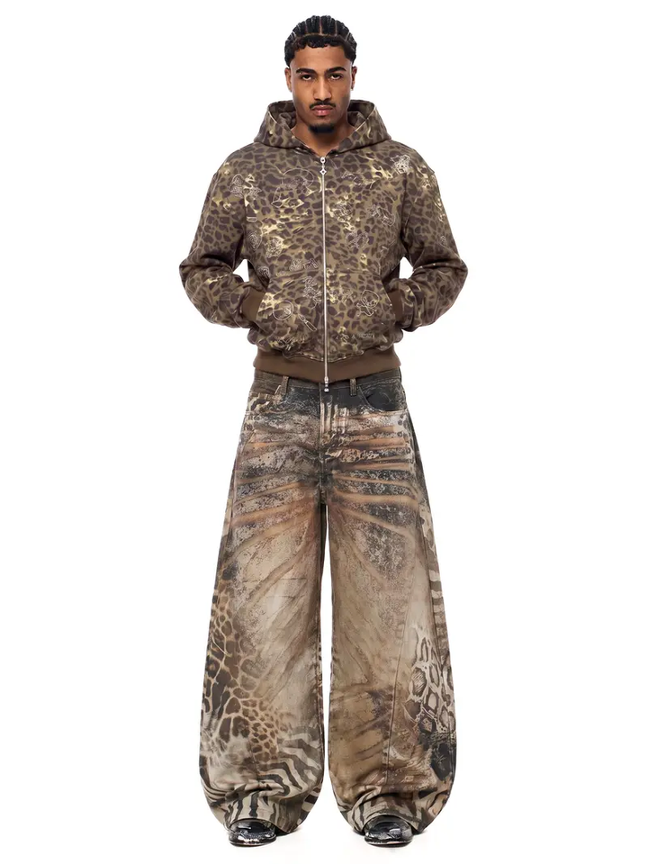 Leopard Print Wide-Leg Baggy Jeans